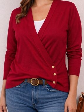 Tory Burch Kendall Wrap Merino Cardigan Red Gold Button Sweater L